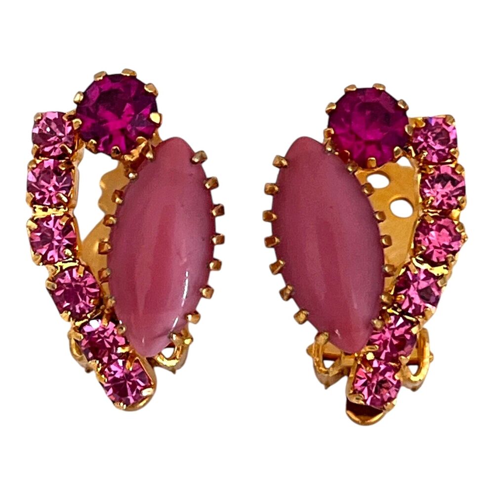 Vintage 1960s Rhinestone Clip Earrings Pink Glass Navette Gold Tone - 5M